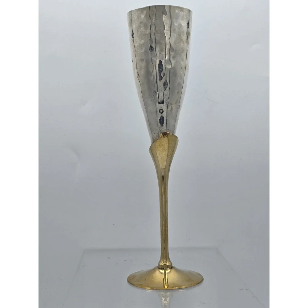 Engraved Brass Goblet Champagne Glass Flute‎ - Silver And Gold Tone